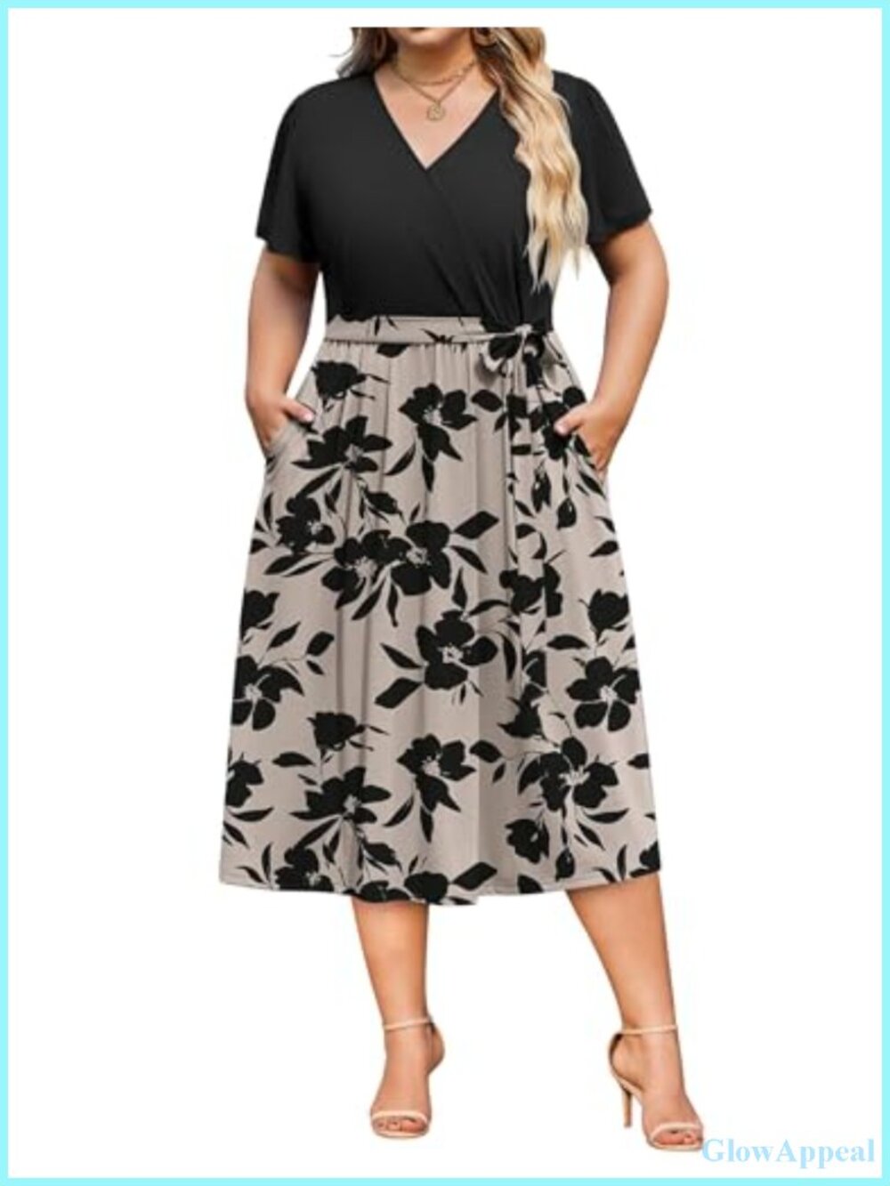 Plus Size Short Sleeve Wrap V-Neck Midi Dress with Pockets
